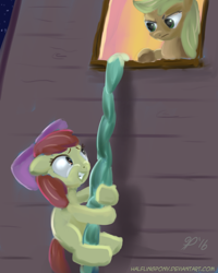 Size: 1120x1400 | Tagged: safe, artist:halflingpony, apple bloom, applejack, earth pony, pony, caught, climbing, female, filly, newbie artist training grounds, sisters, sneaking