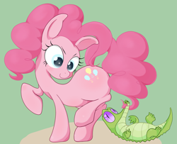 Size: 1923x1560 | Tagged: safe, artist:noupu, gummy, pinkie pie, pony, on back, raised hoof, raised leg