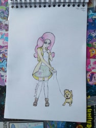 Size: 966x1288 | Tagged: safe, artist:marta4708, fluttershy, dog, equestria girls, backpack, photo, solo, traditional art