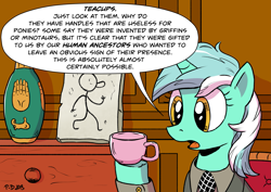 Size: 2047x1447 | Tagged: safe, artist:pony-berserker, lyra heartstrings, pony, unicorn, ancient aliens, chair, clothes, cup, giorgio a. tsoukalos, humie, i can't believe it's not idw, necktie, slab, speech bubble, suit, teacup, that pony sure does love humans, vase