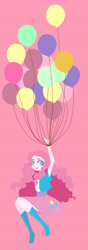 Size: 3241x9193 | Tagged: safe, artist:夏之™, pinkie pie, human, absurd resolution, balloon, boots, clothes, cute, equestria girls outfit, floating, humanized, pixiv, shoes, simple background, skirt, solo, then watch her balloons lift her up to the sky