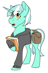 Size: 1439x2200 | Tagged: safe, artist:phobicalbino, lyra heartstrings, pony, unicorn, book, clothes, female, hoodie, hoof hold, mare, saddle bag, simple background, solo, white background