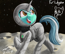 Size: 2400x2000 | Tagged: safe, artist:sigilponies, lyra heartstrings, pony, unicorn, astronaut, moon, smiling, solo, space, spacesuit