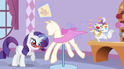 Size: 2880x1618 | Tagged: safe, screencap, opalescence, rarity, cat, pony, unicorn, suited for success, balancing, cloth, duo, female, glasses, glue bottle, magic, magic aura, mannequin, mare, measuring tape, needle, ponyquin, rarity's glasses, scissors, spool, standing, standing on one leg, telekinesis, thread