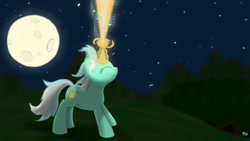 Size: 1000x562 | Tagged: safe, artist:quint-t-w, lyra heartstrings, pony, unicorn, artifact, background pony, beam, blast, eyes closed, female, glowing horn, horn, magic, magic beam, magic blast, mare, moon, music notes, night, old art, signal, solo, stars