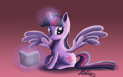 Size: 1192x748 | Tagged: safe, artist:jumian, derpibooru import, twilight sparkle, twilight sparkle (alicorn), alicorn, pony, book, female, looking at you, magic, mare, signature, sitting, solo