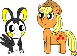 Size: 1024x754 | Tagged: safe, artist:measffymon-sarah, applejack, earth pony, pony, crossover, emolga, pokémon