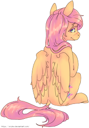 Size: 640x927 | Tagged: safe, artist:onylex, fluttershy, pegasus, pony, blushing, female, looking back, mare, rear view, simple background, sitting, smiling, solo, transparent background