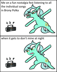 Size: 594x741 | Tagged: safe, artist:jargon scott, edit, lyra heartstrings, pony, unicorn, bipedal, boombox, brony polka, dancing, descriptive noise, don't mine at night, ew gay, female, mare, meme, simple background, solo, white background