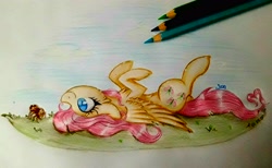 Size: 3778x2322 | Tagged: safe, artist:woonborg, fluttershy, pegasus, pony, spider, cheek fluff, chest fluff, colored pencil drawing, cute, female, mare, on back, shyabetes, signature, smiling, traditional art