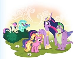 Size: 476x379 | Tagged: safe, screencap, bon bon, luster dawn, lyra heartstrings, princess twilight 2.0, spike, sweetie drops, twilight sparkle, twilight sparkle (alicorn), alicorn, dragon, earth pony, pony, unicorn, the last problem, binoculars, cropped, gameloft, gigachad spike, older, older spike, older twilight, winged spike