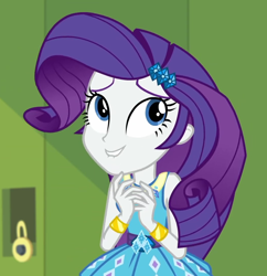 Size: 1046x1080 | Tagged: safe, screencap, rarity, better together, equestria girls, holidays unwrapped, beautiful, bracelet, canterlot high, cropped, cute, hallway, jewelry, lip bite, lockers, o come all ye squashful, raribetes, smiling, solo