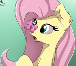 Size: 2538x2200 | Tagged: safe, artist:php80, fluttershy, butterfly, pegasus, pony, 30 minute art challenge, cross-eyed, cute, ear fluff, eyes on the prize, female, green background, insect on nose, mare, open mouth, shyabetes, simple background, solo