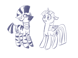 Size: 1280x957 | Tagged: safe, artist:zaphy1415926, derpibooru import, twilight sparkle, twilight sparkle (alicorn), zecora, alicorn, pony, zebra, female, mare, monochrome