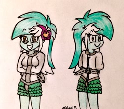Size: 2224x1958 | Tagged: safe, artist:michaelmaddox222, lyra heartstrings, equestria girls, bondage, colored, female, front and back, grin, looking at you, looking back, looking back at you, pencil drawing, restrained, signature, smiling, solo, straitjacket, traditional art