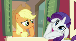 Size: 1220x670 | Tagged: safe, screencap, applejack, rarity, earth pony, pony, unicorn, applejack's "day" off, discovery family logo, smiling, squee