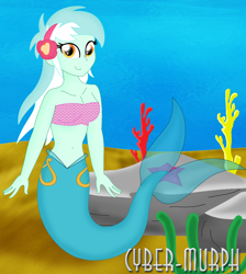 Size: 1710x1908 | Tagged: safe, artist:cyber-murph, lyra heartstrings, mermaid, equestria girls, bandeau, belly, belly button, coral, cute, hairband, looking at you, lyrabetes, mermaidized, midriff, rock, scales, seaweed, signature, smiling, smiling at you, species swap, tube top, underwater