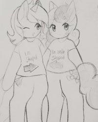 Size: 980x1225 | Tagged: safe, artist:luluneusa, bon bon, lyra heartstrings, sweetie drops, earth pony, semi-anthro, unicorn, clothes, duo, i'm with stupid, monochrome, one eye closed, shirt, sketch, t-shirt, traditional art, wink