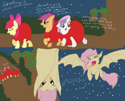 Size: 900x730 | Tagged: safe, artist:cvqt314, apple bloom, fluttershy, scootaloo, sweetie belle, bat pony, pony, apple, clothes, costume, cutie mark crusaders, dialogue, flutterbat, food, imminent vore, open mouth, pony as food, race swap, tongue out, vorepire