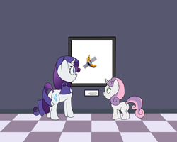 Size: 900x720 | Tagged: artist needed, safe, rarity, sweetie belle, pony, unicorn, art, art or a mistake, banana, butt, duct tape, female, filly, food, mare, meme, plot, tape, tiled floor