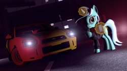 Size: 1920x1080 | Tagged: safe, artist:sevenxninja, derpibooru exclusive, lyra heartstrings, pony, unicorn, 3d, bridge, building, car, clothes, gmod, headphones, hoodie, iphone, lighting, looking at you, magic, night, red lightning, shadows, solo, subaru impreza