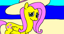 Size: 1214x648 | Tagged: safe, artist:samueljcollins1990, fluttershy, pegasus, pony, beach, cute, hat, looking at you, smiling, solo