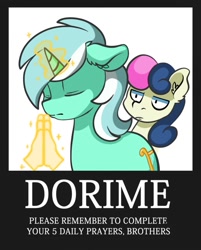 Size: 1203x1500 | Tagged: safe, artist:ciderpunk, bon bon, lyra heartstrings, sweetie drops, earth pony, pony, unicorn, ameno, bon bon is not amused, dorime, duo, ear fluff, female, floppy ears, magic, mare, meme, motivational poster, praying, religious, simple background, telekinesis, unamused, white background