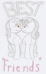 Size: 893x1444 | Tagged: safe, artist:ravenpuff, bon bon, lyra heartstrings, sweetie drops, earth pony, pony, unicorn, best friends, blushing, boop, eye contact, female, lesbian, looking at each other, lyrabon, mare, monochrome, noseboop, shipping, sitting, smiling, smirk, traditional art