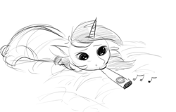 Size: 1640x1048 | Tagged: safe, artist:imsokyo, lyra heartstrings, pony, unicorn, /mlp/, 4chan, bed, drawthread, kazoo, monochrome, music notes, musical instrument, ponified, ponified animal photo, sad, solo