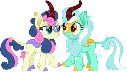 Size: 1500x854 | Tagged: safe, artist:cloudyglow, bon bon, lyra heartstrings, sweetie drops, kirin, adorabon, bedroom eyes, blushing, cute, duo, female, heart eyes, kirin-ified, lesbian, looking at each other, lyrabetes, lyrabon, shipping, simple background, species swap, touching, transparent background, wingding eyes