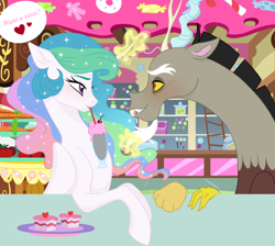 Size: 984x881 | Tagged: safe, artist:sunbutt-worshipper, discord, princess celestia, alicorn, draconequus, pony, blushing, cute, discute, dislestia, female, looking at each other, male, mare, milkshake, shipping, smiling, straight, sugarcube corner