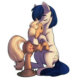 Size: 1589x1600 | Tagged: safe, artist:locksto, applejack, oc, oc:constance everheart, earth pony, pony, canon x oc, cute, everjack, hug, kissing, shipping, size difference