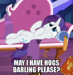 Size: 972x1000 | Tagged: safe, edit, edited screencap, screencap, rarity, pony, unicorn, dragon dropped, book, bronybait, caption, cropped, cute, darling, faic, fainting couch, female, hug request, image macro, lying down, mare, marshmelodrama, messy mane, raribetes, rarity being rarity, sad, sadorable, solo, text