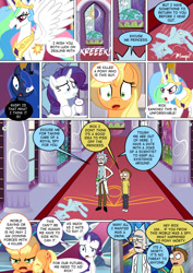 Size: 800x1133 | Tagged: safe, artist:imbriaart, applejack, princess celestia, princess luna, rarity, earth pony, human, pony, unicorn, comic:magic princess war, canterlot, canterlot castle, clothes, comic, crossover, dead, human ponidox, morty smith, neck snap, ponified, rick and morty, rick sanchez, self ponidox, stained glass, twisted neck, x eyes