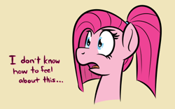 Size: 512x319 | Tagged: safe, artist:glimglam, pinkie pie, earth pony, pony, alternate hairstyle, bust, cute, cuteamena, dialogue, fashion, female, mare, pinkamena diane pie, ponytail, portrait, sassy, simple background, solo, yellow background