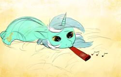 Size: 1640x1048 | Tagged: safe, artist:anonymous, artist:imsokyo, lyra heartstrings, pony, unicorn, /mlp/, 4chan, bed, colored, drawthread, kazoo, music notes, musical instrument, ponified, ponified animal photo, sad, solo