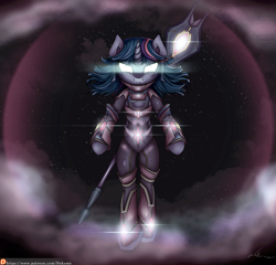 Size: 4000x3840 | Tagged: safe, artist:neko-me, derpibooru import, twilight sparkle, anthro, arm hooves, armor, glowing eyes, patreon, solo, warzone, weapon