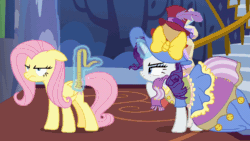 Size: 1152x648 | Tagged: safe, edit, screencap, fluttershy, rarity, pegasus, pony, unicorn, fame and misfortune, animated, annoyed, clothes, dress, frown, gif, glare, hat, hoof on chin, levitation, loop, magic, measuring tape, pose, rug, slow motion, stairs, stress couture, telekinesis, twilight's castle
