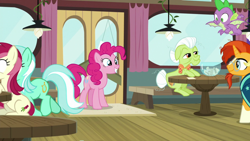 Size: 1920x1080 | Tagged: safe, screencap, granny smith, lyra heartstrings, pinkie pie, roseluck, spike, sunburst, dragon, earth pony, pony, a trivial pursuit, winged spike