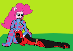 Size: 3112x2192 | Tagged: safe, artist:alvaxerox, pinkie pie, equestria girls, clothes, crossover, crossover shipping, cuddling, deadpool, female, footed sleeper, male, misleading thumbnail, pajamas, pinkiepool (pairing), shipping, sleeping, straight