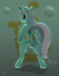 Size: 943x1200 | Tagged: safe, artist:sherwood, lyra heartstrings, pony, unicorn, both cutie marks, butt, dock, featureless crotch, female, looking at you, looking back, lyre, mare, musical instrument, nudity, plot, rear view, solo