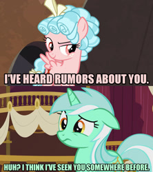 Size: 1280x1440 | Tagged: safe, artist:jaredking203, edit, edited screencap, screencap, cozy glow, lyra heartstrings, pegasus, pony, unicorn, frenemies (episode), slice of life (episode), bow, caption, colored text, dialogue, female, filly, image macro, mare, meme, pink text, smiling, text, worried