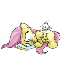 Size: 1024x931 | Tagged: safe, artist:littleblackraencloud, angel bunny, fluttershy, pegasus, pony, rabbit, colored sketch, duo, ear fluff, floppy ears, frown, looking down, missing cutie mark, pillow, prone, sad, simple background, teary eyes, transparent background, wings