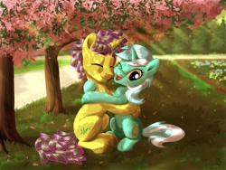 Size: 1280x960 | Tagged: safe, artist:sirzi, lyra heartstrings, oc, oc:streamsound, pony, unicorn, canon x oc, eyes closed, female, flower, grass, hug, male, mare, open mouth, park, smiling, stallion, straight, tree