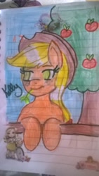 Size: 900x1600 | Tagged: safe, applejack, earth pony, pony, apple, colored pencil drawing, female, food, lined paper, solo, traditional art, tree