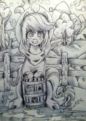 Size: 666x936 | Tagged: safe, artist:ciderpunk, artist:zuruck, derpibooru exclusive, applejack, earth pony, pony, apple cider, black and white, grayscale, monochrome, sweet apple acres