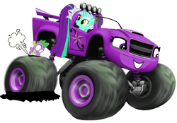 Size: 1553x1080 | Tagged: safe, artist:electrahybrida, aria blaze, lyra heartstrings, spike, dragon, blaze and the monster machines, crossover, flat tire, monster machine, monster truck, nailed it, pun, simple background, transparent background, truck, visual pun