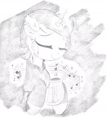 Size: 1920x2193 | Tagged: safe, artist:fireworks sea, lyra heartstrings, pony, unicorn, fanfic:background pony, black and white, grayscale, monochrome, music notes, solo, traditional art