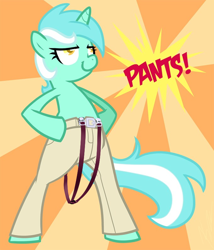 Size: 680x796 | Tagged: safe, artist:egophiliac, edit, lyra heartstrings, pony, semi-anthro, unicorn, artifact, bipedal, clothes, colored pupils, derp, exclamation point, female, glare, hand on hip, i like pants, lidded eyes, lyra doing lyra things, mare, pants, partial nudity, secondary 6, smiling, smirk, smug, solo, sunburst background, suspenders, text, topless, wat