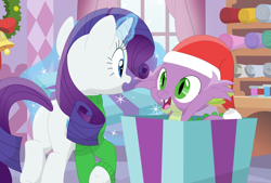 Size: 3543x2400 | Tagged: safe, artist:porygon2z, rarity, spike, dragon, pony, unicorn, butt, christmas, christmas gift, female, hat, holiday, levitation, magic, male, mare, plot, santa hat, shipping, sparity, straight, telekinesis